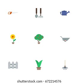 Flat Icons Plant, Watering Can, Tools And Other Vector Elements. Set Of Horticulture Flat Icons Symbols Also Includes Car, Berries, Tree Objects.
