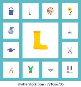 Flat Icons Plant, Wheelbarrow, Flowerpot And Other Vector Elements. Set Of Gardening Flat Icons Symbols Also Includes Boots, Hose, Wheelbarrow Objects.
