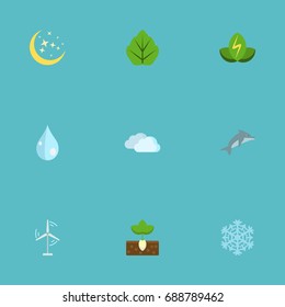 Flat Icons Playful Fish, Sprout, Winter Snow And Other Vector Elements. Set Of Nature Flat Icons Symbols Also Includes Wind, Sprout, Night Objects.