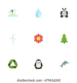 Flat Icons Playful Fish, Water, Blossom And Other Vector Elements. Set Of Green Flat Icons Symbols Also Includes Panda, Reuse, Blob Objects.