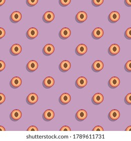 Flat icons of Plum fruit seamless pattern on violet background. Simple stylish repeated elements for prints, screen or fabric decoration, tile, wrapping paper, book cover book, wallpaper. Eps10