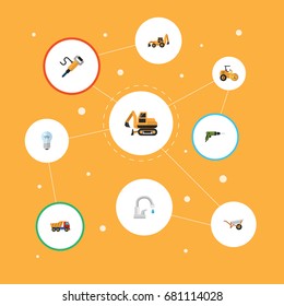 Flat Icons Pneumatic, Excavator, Van And Other Vector Elements. Set Of Industry Flat Icons Symbols Also Includes Roller, Wheelbarrow, Electric Objects.