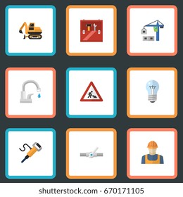 Flat Icons Pneumatic, Faucet, Caution And Other Vector Elements. Set Of Construction Flat Icons Symbols Also Includes Plumbing, Workman, Repair Objects.