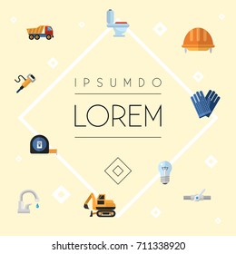 Flat Icons Pneumatic, Pipeline Valve, Hardhat And Other Vector Elements. Set Of Construction Flat Icons Symbols Also Includes Equipment, Hardhat, Wc Objects.