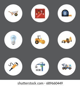 Flat Icons Pneumatic, Toolkit, Handcart Vector Elements. Set Of Industry Flat Icons Symbols Also Includes Measure, Lifting, Pushcart Objects.