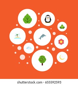 Flat Icons Polar Bird, Blossom, Wood And Other Vector Elements. Set Of Eco Flat Icons Symbols Also Includes Moon, Beautiful, Wood Objects.