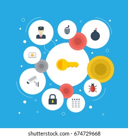 Flat Icons Policeman, Lock, Clue And Other Vector Elements. Set Of Safety Flat Icons Symbols Also Includes Remote, Trojan, Keypad Objects.