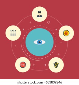 Flat Icons Policeman, Shield, Road Sign And Other Vector Elements. Set Of Safety Flat Icons Symbols Also Includes Eye, Guard, Protection Objects.