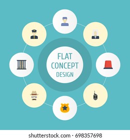 Flat Icons Policeman, Signal, Walkie-Talkie And Other Vector Elements. Set Of Crime Flat Icons Symbols Also Includes Sheriff, Badge, Detective Objects.