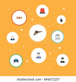Flat Icons Policeman, Warning Strip, Prisoner And Other Vector Elements. Set Of Criminal Flat Icons Symbols Also Includes Automobile, Officer, Police Objects.