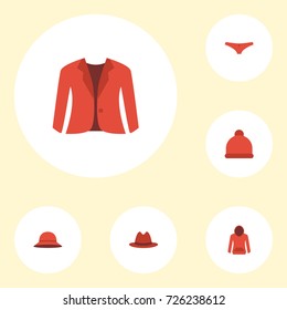 Flat Icons Pompom, Coat, Elegant Headgear And Other Vector Elements. Set Of Dress Flat Icons Symbols Also Includes Beanie, Panama, Sweatshirt Objects.