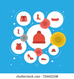 Flat Icons Pompom, Coat, Waistcoat And Other Vector Elements. Set Of Clothes Flat Icons Symbols Also Includes Coat, Underwear, Clothing Objects.