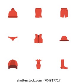Flat Icons Pompom, Hosiery, Hat And Other Vector Elements. Set Of Garment Flat Icons Symbols Also Includes Cap, Lingerie, Swimming Objects.