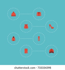 Flat Icons Pompom, Pants, Coat And Other Vector Elements. Set Of Dress Flat Icons Symbols Also Includes Coat, Cap, Costume Objects.