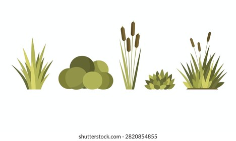 Flat icons of pond plants for ecological and landscape projects.