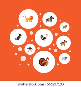 Flat Icons Pony, Mutton, Panther And Other Vector Elements. Set Of Zoo Flat Icons Symbols Also Includes Bird, Dog, Pony Objects.