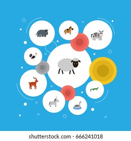 Flat Icons Pony, Mutton, Rooster And Other Vector Elements. Set Of Zoology Flat Icons Symbols Also Includes Mutton, Moose, Reptile Objects.