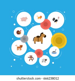 Flat Icons Pony, Mutton, Swine And Other Vector Elements. Set Of Animal Flat Icons Symbols Also Includes Panther, Horse, Sheep Objects.