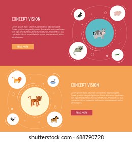 Flat Icons Pony, Rooster, Swine And Other Vector Elements. Set Of Zoology Flat Icons Symbols Also Includes Rooster, Hound, Reptilian Objects.