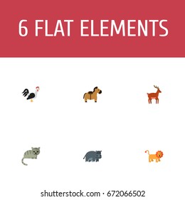Flat Icons Pony, Rooster, Wildcat And Other Vector Elements. Set Of Zoology Flat Icons Symbols Also Includes Hippo, Rooster, Kitty Objects.