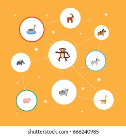 Flat Icons Pony, Trunked Animal, Waterbird And Other Vector Elements. Set Of Alive Flat Icons Symbols Also Includes Bishop, Swine, Kine Objects.