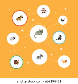 Flat Icons Pony, Wildcat, Chimpanzee And Other Vector Elements. Set Of Animal Flat Icons Symbols Also Includes Animal, Forest, Rooster Objects.
