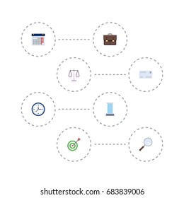 Flat Icons Portfolio, Goal, Office And Other Vector Elements. Set Of Business Flat Icons Symbols Also Includes Scales, Case, Loupe Objects.