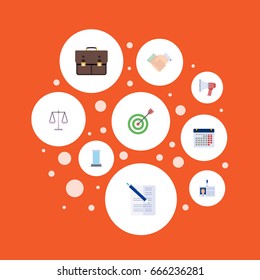 Flat Icons Portfolio, Loudspeaker, Contract And Other Vector Elements. Set Of Business Flat Icons Symbols Also Includes Day, Pen, Card Objects.