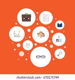 Flat Icons Portfolio, Spectacles, Diagram And Other Vector Elements. Set Of Trade Flat Icons Symbols Also Includes Loupe, Weight, Scales Objects.