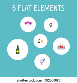 Flat Icons Posy, Bridegroom Dress, Fizz And Other Vector Elements. Set Of Ceremony Flat Icons Symbols Also Includes Groom, Invitation, Sign Objects.