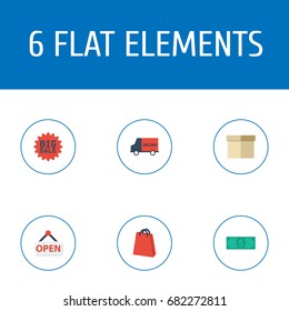 Flat Icons Pouch, Bus, Cash And Other Vector Elements. Set Of Store Flat Icons Symbols Also Includes Truck, Box, Pouch Objects.