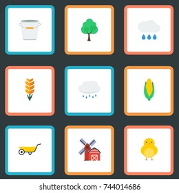 Flat Icons Poultry, Landscape, Maize Vector Elements. Set Of Harvest Flat Icons Symbols Also Includes Pushcart, Corn, Farm Objects.