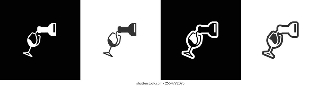 Flat icons of pouring drinks. Wine Icons. Glasses and bottle icons vector. Wine glass bottle icon in line and flat style. Alcohol Liquor, beverages, bar, beer. Wine in black white and tranparent backg