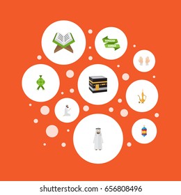 Flat Icons Praying Man, Islamic Lamp, Pitcher And Other Vector Elements. Set Of Holiday Flat Icons Symbols Also Includes Oriental, Mekkah, Jug Objects.