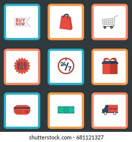 Flat Icons Present, Cash, Trolley And Other Vector Elements. Set Of Store Flat Icons Symbols Also Includes Cash, Day, Now Objects.