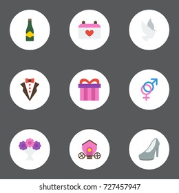 Flat Icons Present, Posy, Fizz And Other Vector Elements. Set Of Marriage Flat Icons Symbols Also Includes Sign, Flower, Heeled Objects.