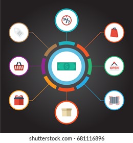 Flat Icons Present, Pouch, Bag And Other Vector Elements. Set Of Magazine Flat Icons Symbols Also Includes Money, Tag, Parcel Objects.