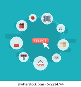 Flat Icons Present, Qr, Shopping And Other Vector Elements. Set Of Store Flat Icons Symbols Also Includes Trolley, Magazine, Surprise Objects.