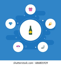 Flat Icons Present, Sparkler, Brilliant And Other Vector Elements. Set Of Engagement Flat Icons Symbols Also Includes Firework, Posy, Brilliant Objects.