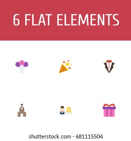 Flat Icons Present, Sparkler, Couple And Other Vector Elements. Set Of Engagement Flat Icons Symbols Also Includes Flower, Firework, Couple Objects.