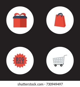 Flat Icons Present, Trolley, Big Sale And Other Vector Elements. Set Of Store Flat Icons Symbols Also Includes Sale, Advertising, Shopping Objects.