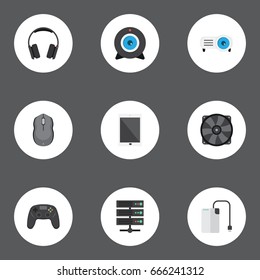Flat Icons Presentation, Cooler, Storage Device And Other Vector Elements. Set Of PC Flat Icons Symbols Also Includes Joystick, Broadcast, Server Objects.