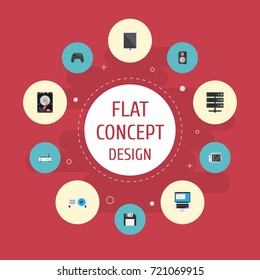 Flat Icons Presentation, Datacenter, Laptop And Other Vector Elements. Set Of PC Flat Icons Symbols Also Includes Modem, Keyboard, Phone Objects.