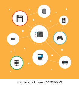 Flat Icons Printer, Controller, Datacenter And Other Vector Elements. Set Of Computer Flat Icons Symbols Also Includes Megaphone, Server, Disk Objects.