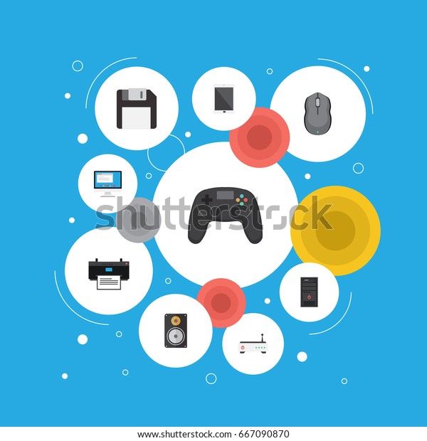 Flat Icons Printer, Diskette, System Unit And\
Other Vector Elements. Set Of PC Flat Icons Symbols Also Includes\
Screen, Display, Diskette\
Objects.