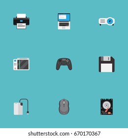Flat Icons Printer, Presentation, Controller And Other Vector Elements. Set Of PC Flat Icons Symbols Also Includes Laptop, Printer, Printing Objects.