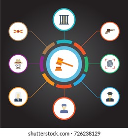 Flat Icons Prisoner, Jail, Inspector And Other Vector Elements. Set Of Criminal Flat Icons Symbols Also Includes Fingerprint, Sheriff, Policeman Objects.