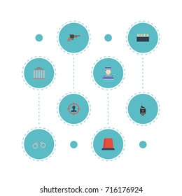 Flat Icons Prisoner, Suspicious, Building And Other Vector Elements. Set Of Crime Flat Icons Symbols Also Includes Prisoner, Mobile, Jury Objects.