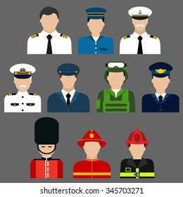 Flat icons of professions avatars of firefighter, soldier, pilot , security and ship captain with men in professional uniform and caps