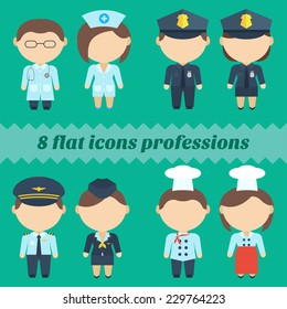 Flat icons professions. Set of male and female characters. Vector